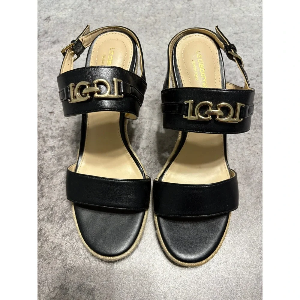 Liz Claiborne LC Amaro Black Espadrille Wedge Sandals Gold Link Accent Womens 7M